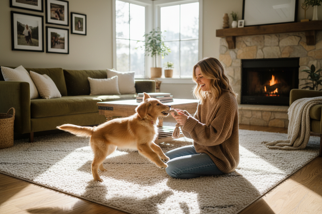 generame la imagen real de un cachorro golden retriever feliz jugando con una persona en un salon acogedor y con luz natural