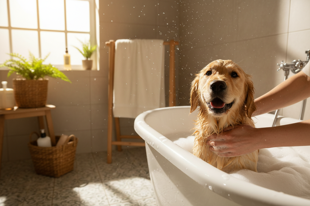 generame la imagen real de un cachorro golden retriever feliz y de una persona ducahndolo en un baño acogedor y con luz natural