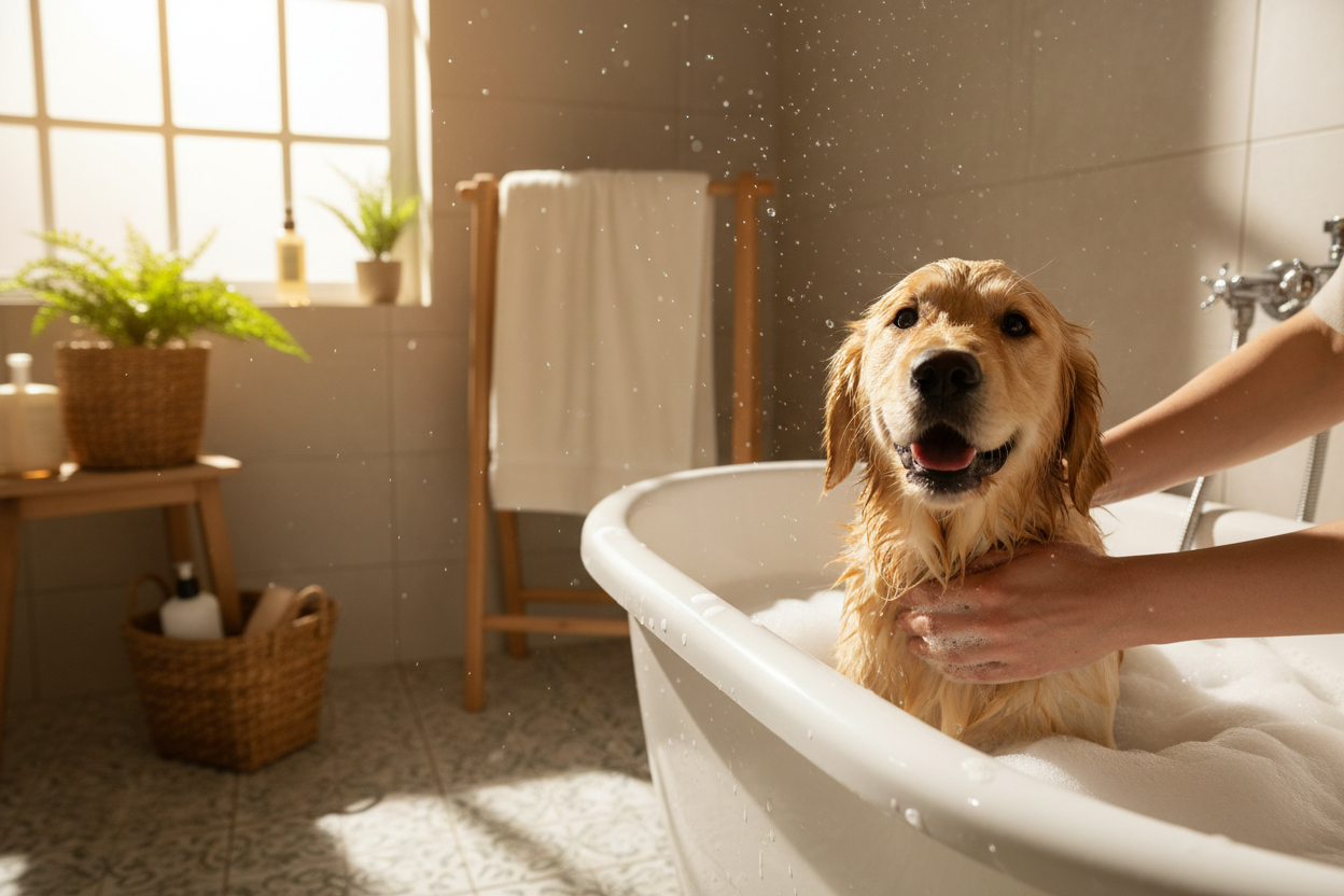 generame la imagen real de un cachorro golden retriever feliz y de una persona ducahndolo en un baño acogedor y con luz natural