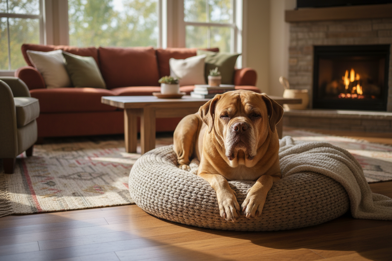 generame la imagen real de un dogo de burdeos con legañas muy sutiles acostado en su cama de un salon acogedor