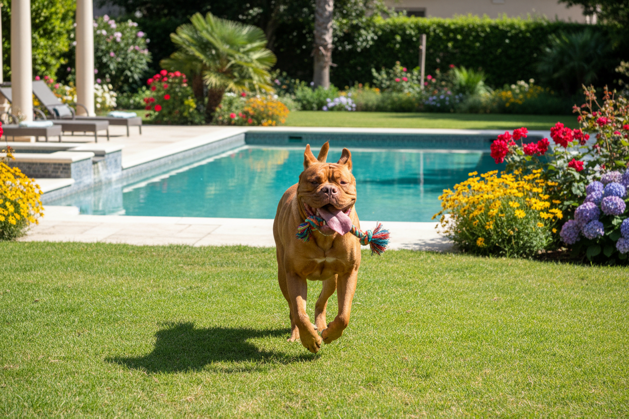 generame la imagen real de un dogo de burdeos feliz y jugando en el patio de una casa con piscina y jardin