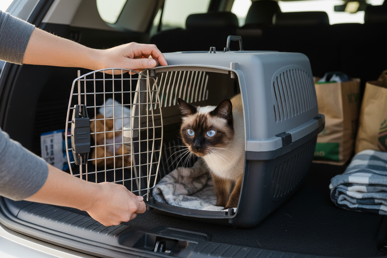 generame la imagen real de una persona abriendo el transportin en el maletero de un coche para su gato siamés