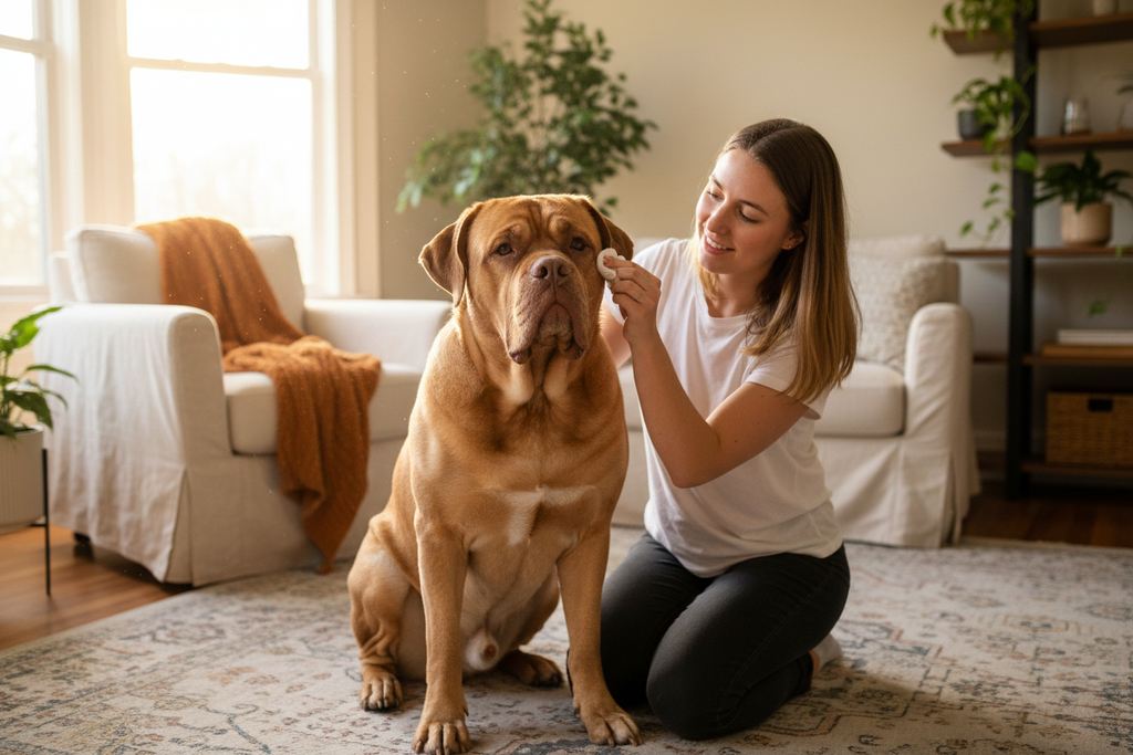 generame la imagen real de una persona limpiando con una gasa las legañas de un dogo de burdeos de pura raza y este estando feliz en un salon acogedor e iluminado