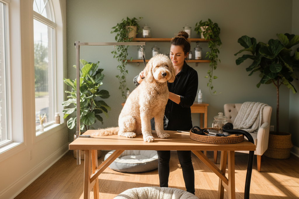 generame la imagen real de una persona peinando a un perro de tamaño medio en un salón acogedor y con luz natural