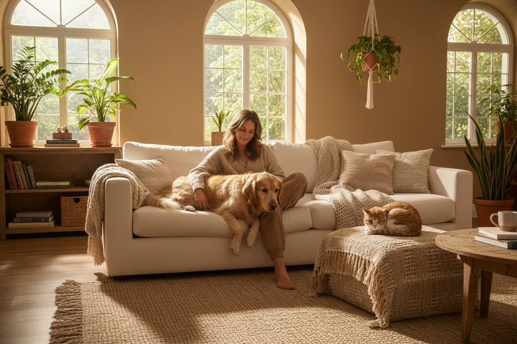 generame la imagen real de una persona sentada en un sofa con su perro y su gato en un salon acogedor y con luz natural