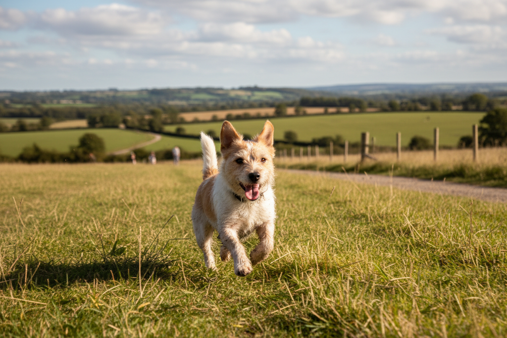 generame una imagen real de un perro de tamaño pequeño un poco sucio jugando en el campo