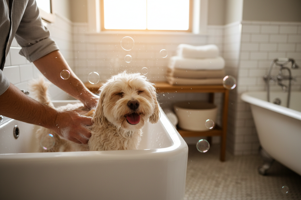 generame una imagen real de una persona duchando a un perro de tamaño pequeño en un baño acogedor y sin mostrar ninguna botella de champu