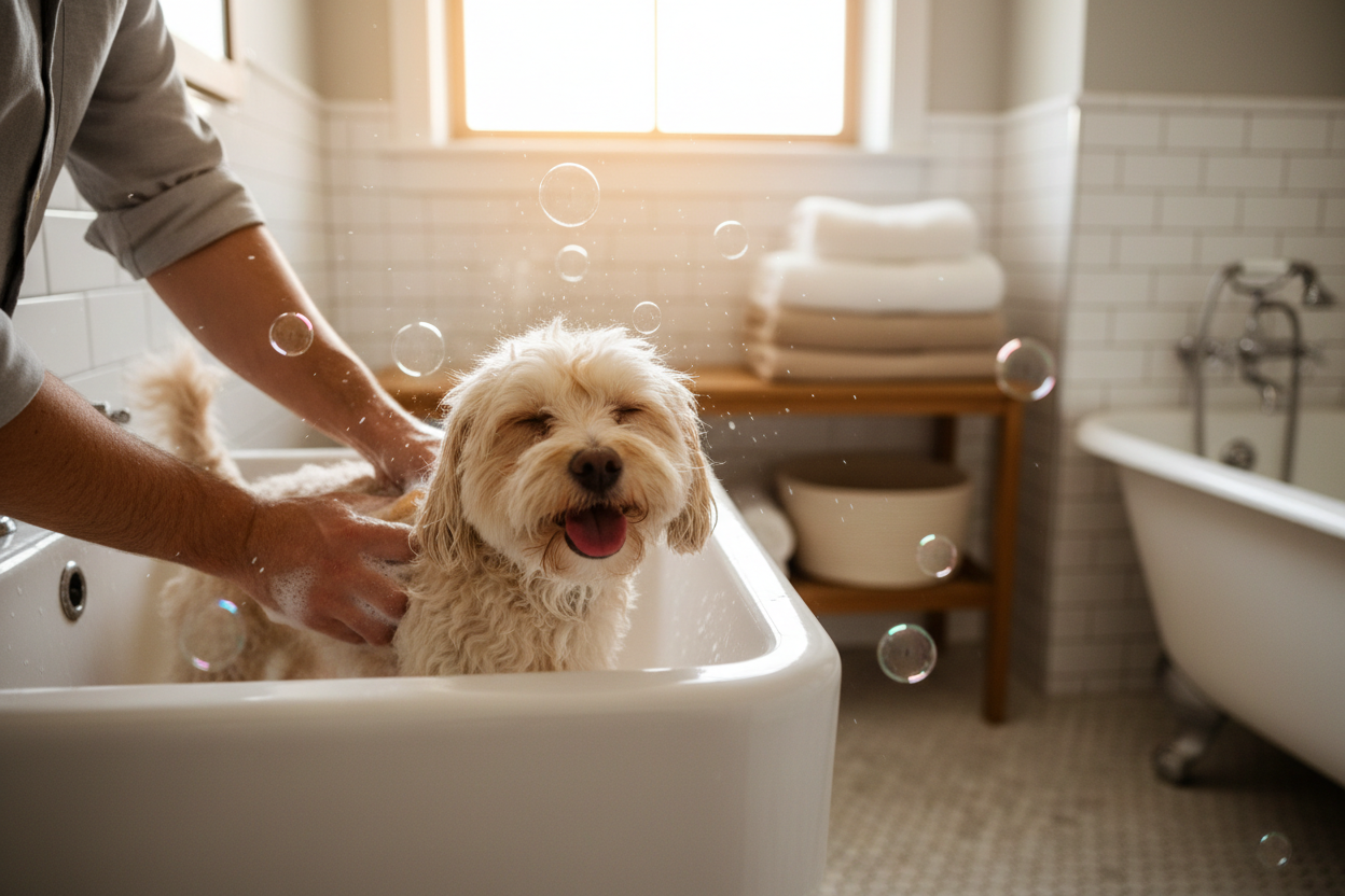 generame una imagen real de una persona duchando a un perro de tamaño pequeño en un baño acogedor y sin mostrar ninguna botella de champu